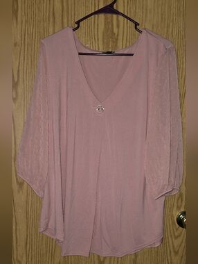 Foreyond Swiss Dot Sheer Sleeve Blouse XL Dusty Rose V-Neck Gold Ring Accent